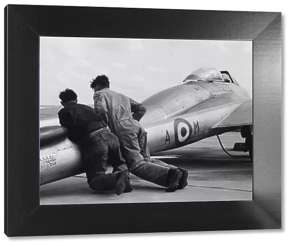 RAF De Havilland Vampire being pushed into position ready for take-off