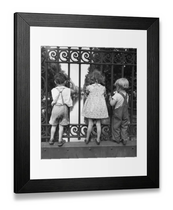 Framed Print : Three children peer through the fence on a bridge over one of Londons many canals Framed Print : Three children peer through the fence on a bridge over one of Londons many canals