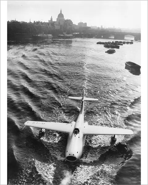 Saunders Roe A1; jet flying boat is towed to Westminster