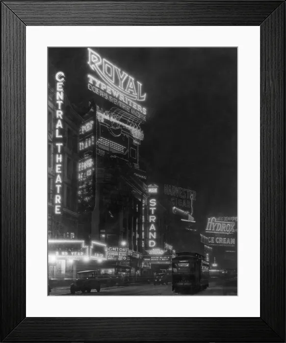 Framed Print : Broadway. 1926: Advertisements and signs for the Central Framed Print : Broadway. 1926: Advertisements and signs for the Central