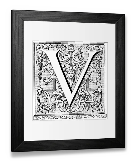 Framed Print : Antique illustration of ornate letter V