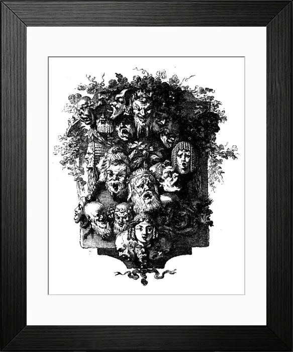 Framed Print : Antique illustration of decorative image (cul-de-lampe) with faces Framed Print : Antique illustration of decorative image (cul-de-lampe) with faces