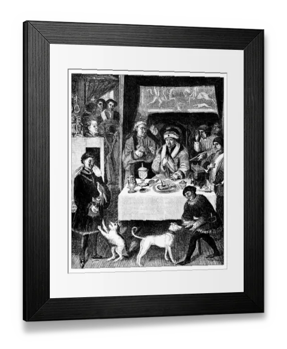 Framed Print : Antique illustration of lunch of a 16th century Flemish gentleman Framed Print : Antique illustration of lunch of a 16th century Flemish gentleman