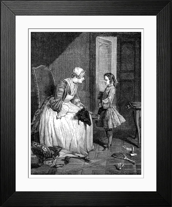 Framed Print : Antique illustration of maid and boy Framed Print : Antique illustration of maid and boy