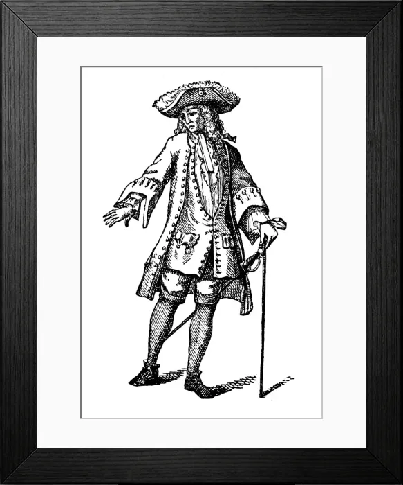 Framed Print : Antique illustration of man with sword and cane
