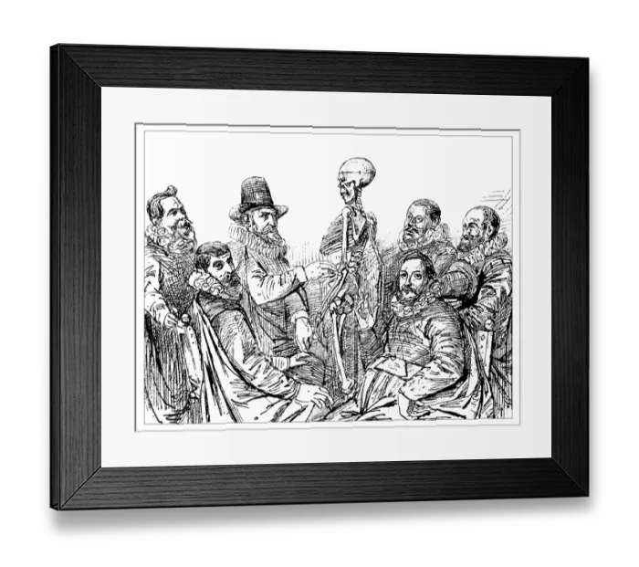 Framed Print : Antique illustration of 17th century anatomy lesson with skeleton Framed Print : Antique illustration of 17th century anatomy lesson with skeleton