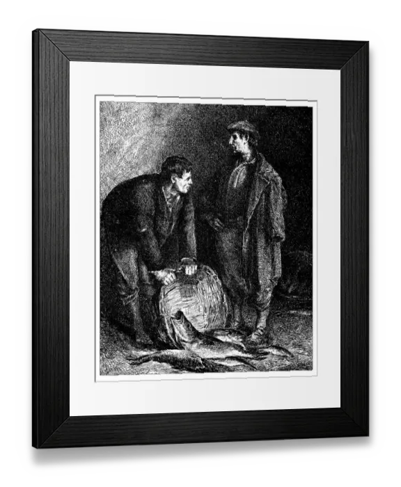 Framed Print : Antique illustration of Two fishermen emptying the basket Framed Print : Antique illustration of Two fishermen emptying the basket
