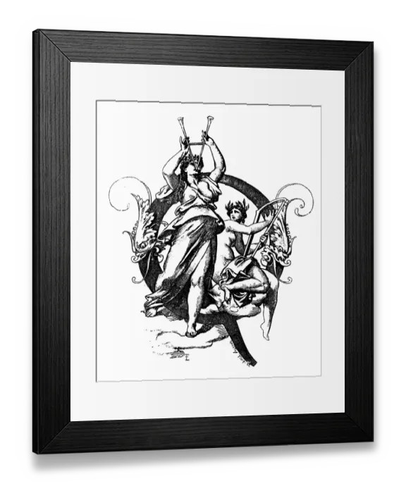 Framed Print : Antique illustration of ornate letter Q with women playing music Framed Print : Antique illustration of ornate letter Q with women playing music
