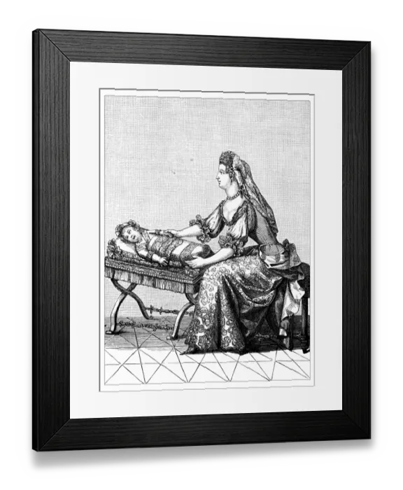 Framed Print : Antique illustration of woman changing baby Framed Print : Antique illustration of woman changing baby