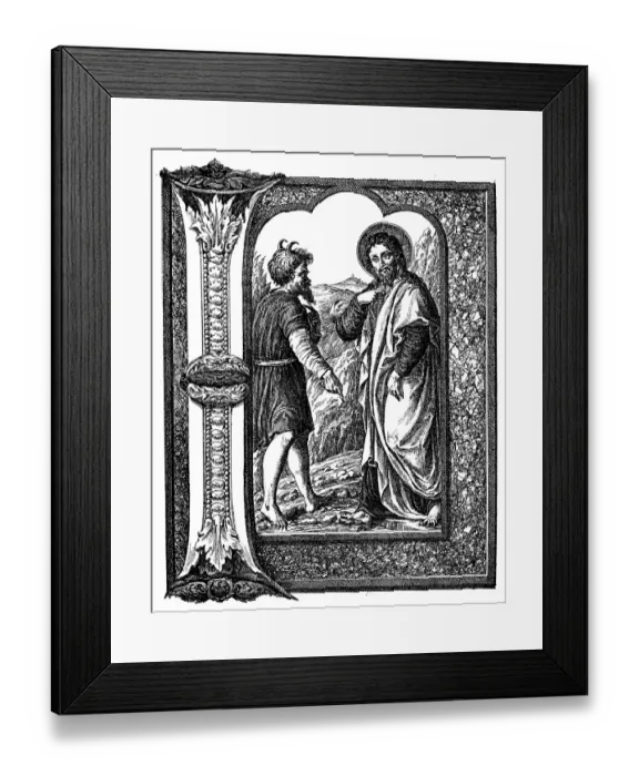 Framed Print : Antique illustration of decorated letter I with temptation of Christ Framed Print : Antique illustration of decorated letter I with temptation of Christ