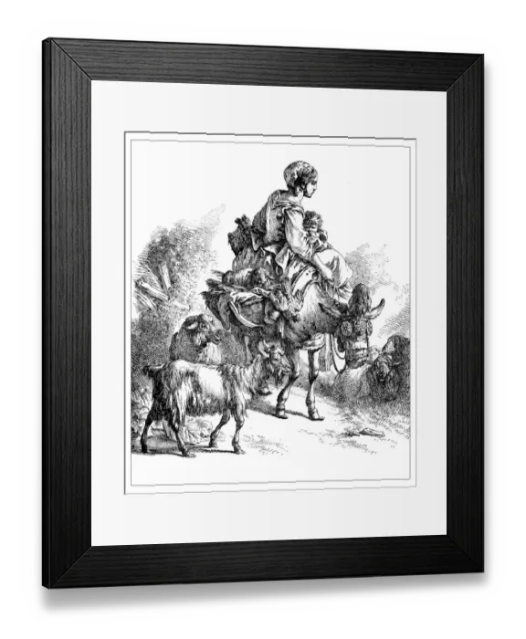 Framed Print : Antique illustration of woman with baby riding a donkey