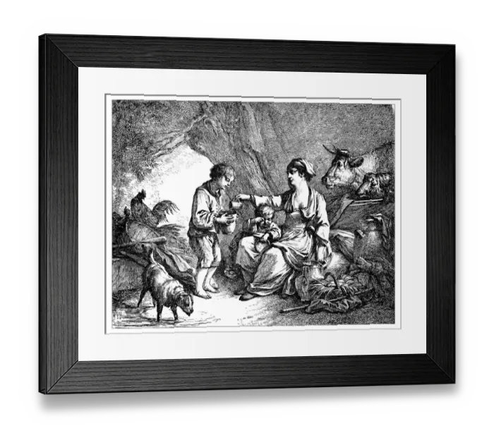 Framed Print : Antique illustration of milkwoman giving milk to kids