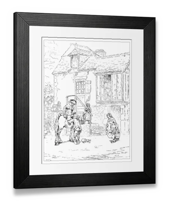 Framed Print : Antique illustration of man riding horse at the coaching house Framed Print : Antique illustration of man riding horse at the coaching house