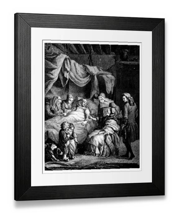 Framed Print : Antique illustration of people indoor close to bed Framed Print : Antique illustration of people indoor close to bed