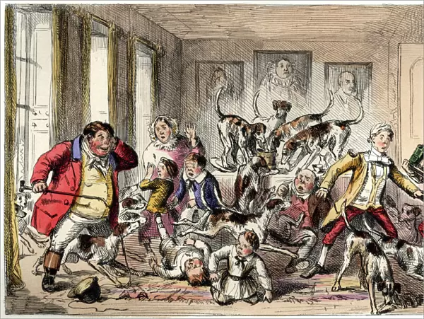 Foxhounds invading a Victorian house