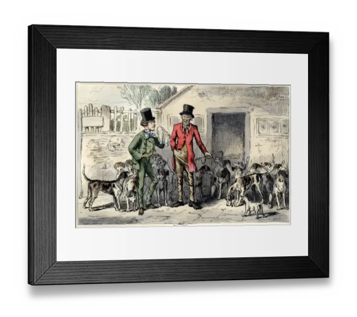 Framed Print : Two Victorian men with a pack of foxhounds Framed Print : Two Victorian men with a pack of foxhounds