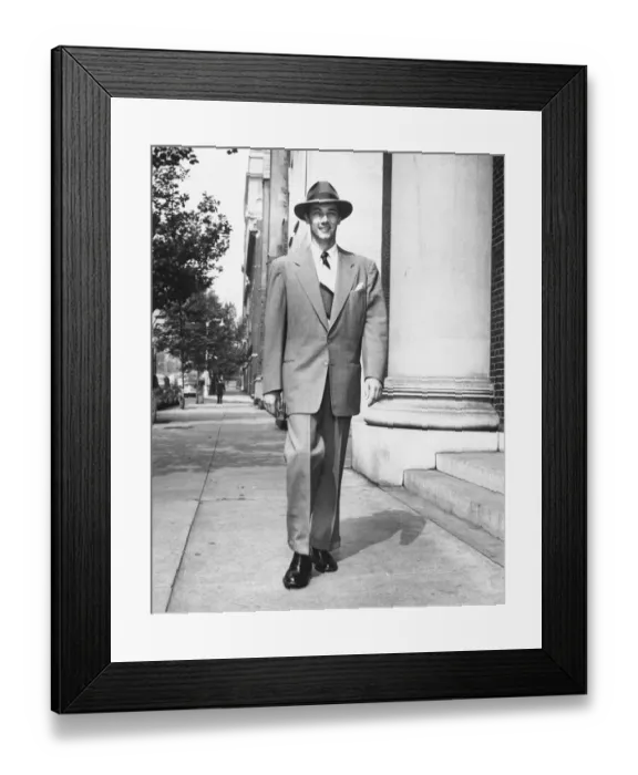 Framed Print : Man walking on sidewalk, (B&W)