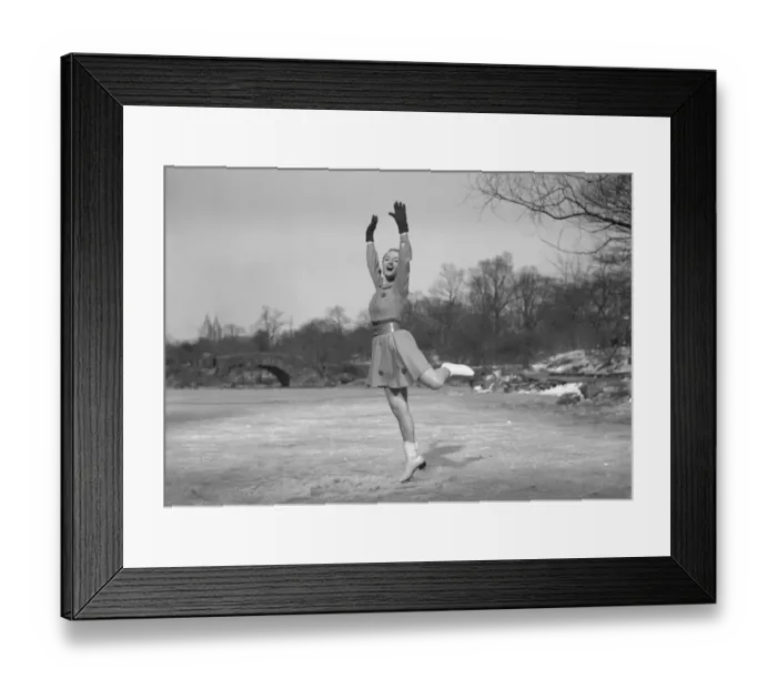 Framed Print : Woman ice skating outdoors, (B&W)