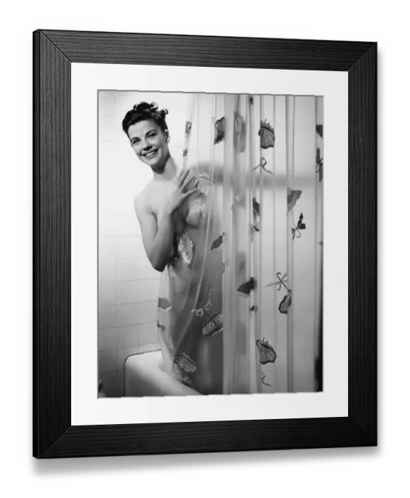 Framed Print : Woman peering through shower curtain, (B&W), portrait Framed Print : Woman peering through shower curtain, (B&W), portrait