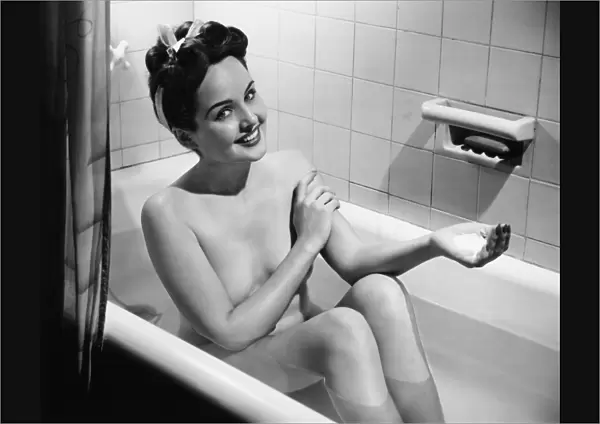 Woman bathing, (B&W), portrait