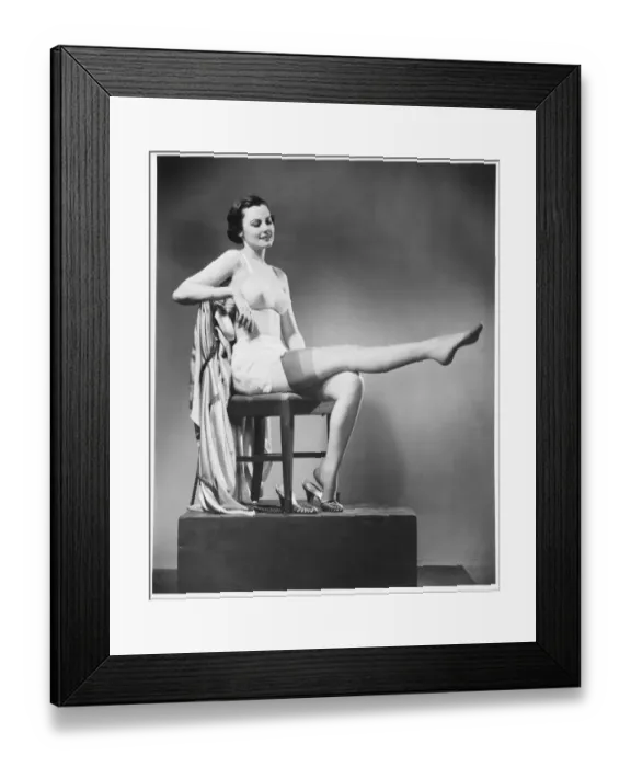 Framed Print : Woman in lingerie posing in studio, (B&W) Framed Print : Woman in lingerie posing in studio, (B&W)