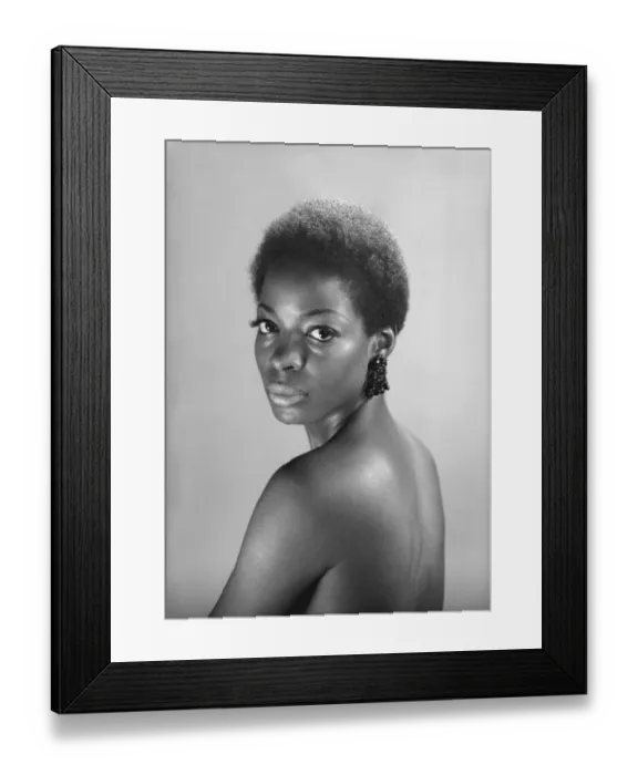 Framed Print : Semi dress woman posing in studio, (B&W), portrait