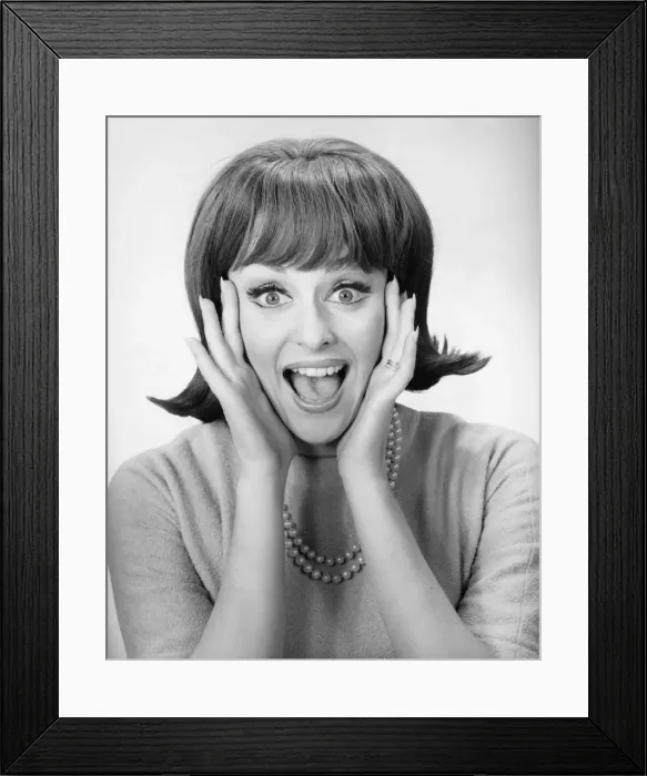Framed Print : Woman shouting in studio, (B&W), portrait Framed Print : Woman shouting in studio, (B&W), portrait
