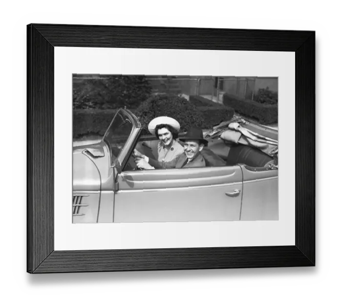 Framed Print : Couple riding in old fashion convertible car, (B&W), , portrait Framed Print : Couple riding in old fashion convertible car, (B&W), , portrait