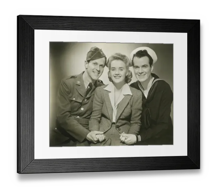 Framed Print : Portrait of mature woman with soldier and sailor, smiling