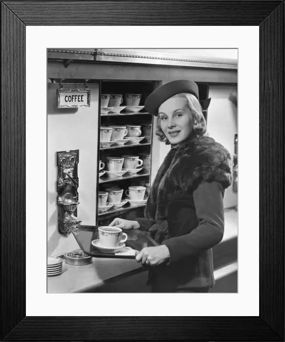 Framed Print : Woman w  /  coffee on tray