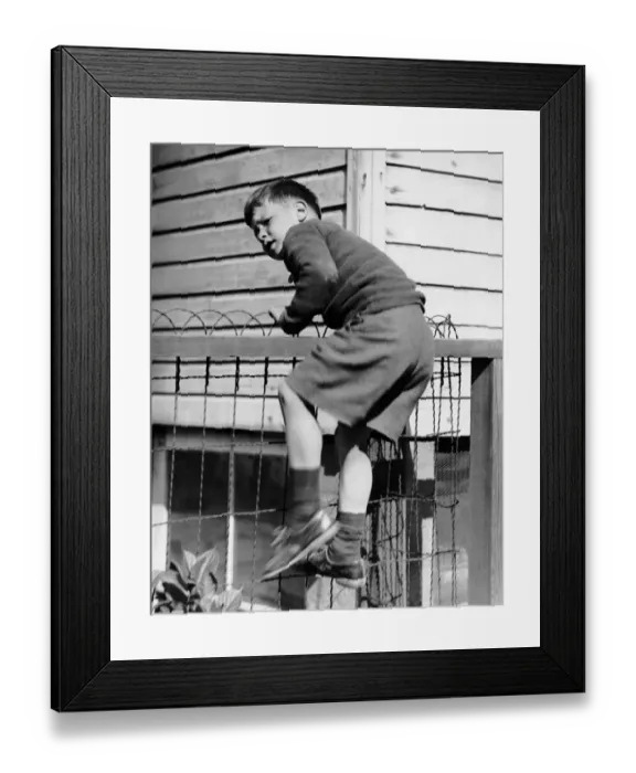 Framed Print : Young boy climbing fence Framed Print : Young boy climbing fence