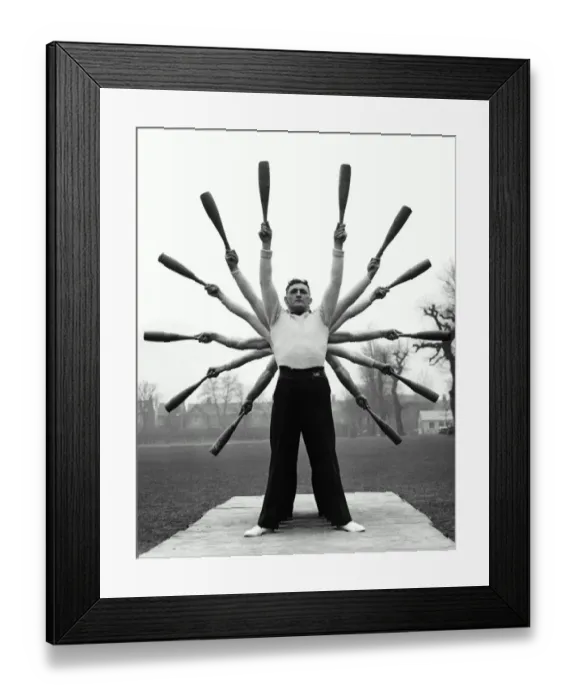 Framed Print : Group of men exercising, making star formation with arms (B&W)