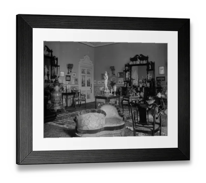 Framed Print : Love Seat. circa 1900: A Victorian drawing room, crammed with ornaments Framed Print : Love Seat. circa 1900: A Victorian drawing room, crammed with ornaments