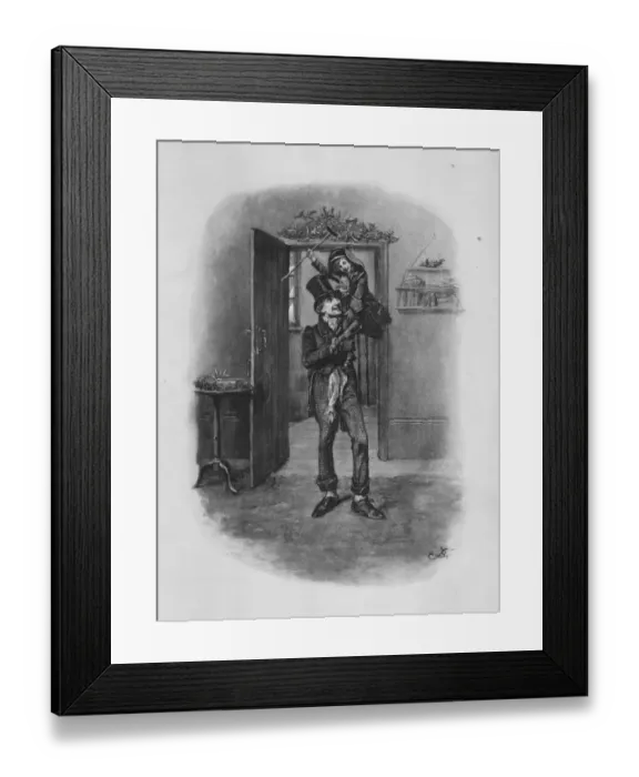 Framed Print : Tiny Tim. circa 1844: Bob Cratchit carrying Tiny Tim on his shoulders Framed Print : Tiny Tim. circa 1844: Bob Cratchit carrying Tiny Tim on his shoulders