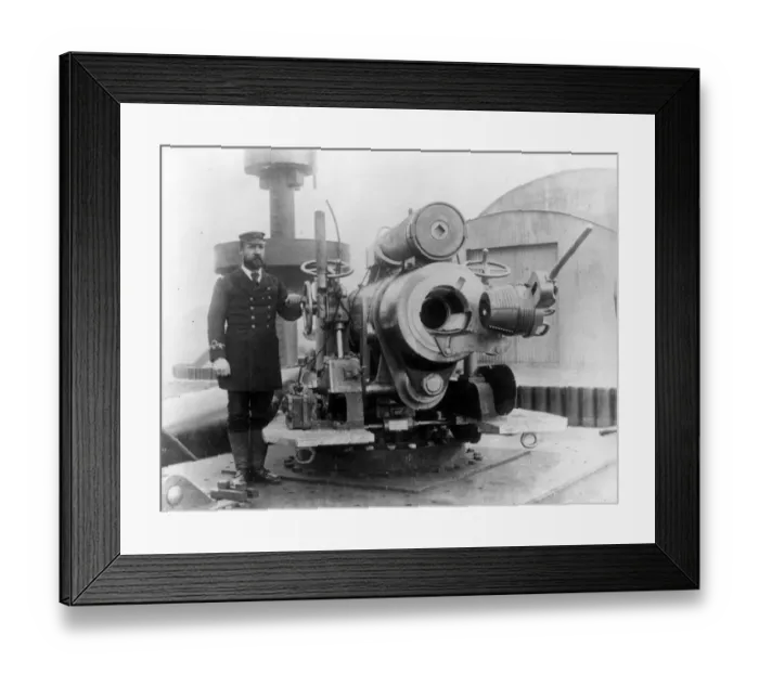 Framed Print : Naval Gun. circa 1880: A British naval gun and gunner Framed Print : Naval Gun. circa 1880: A British naval gun and gunner