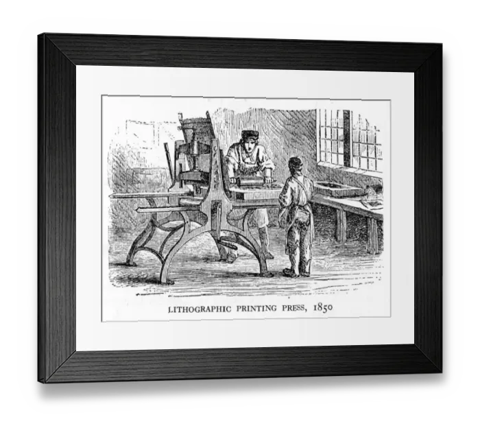 Framed Print : Press Men. circa 1850: Two men work at a lithographic printing press Framed Print : Press Men. circa 1850: Two men work at a lithographic printing press