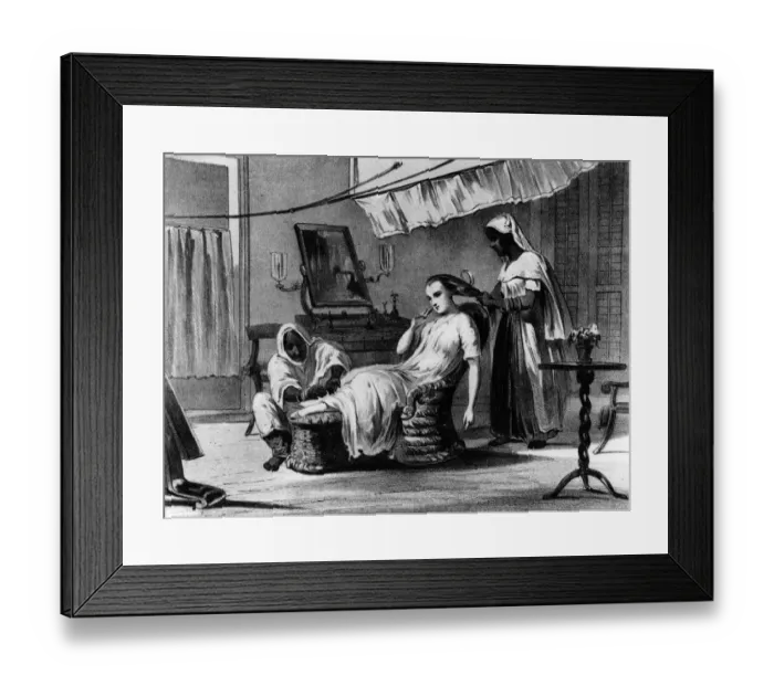 Framed Print : Pampering. circa 1860: A magistrates wife being groomed by her servants, in India