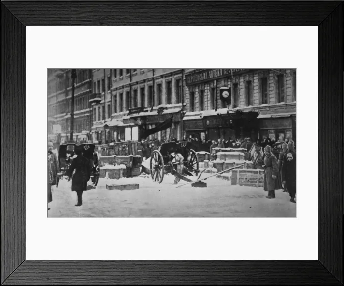 Framed Print : Barricade. 12th March 1917: Barricades traversing a street in St Petersburg Framed Print : Barricade. 12th March 1917: Barricades traversing a street in St Petersburg