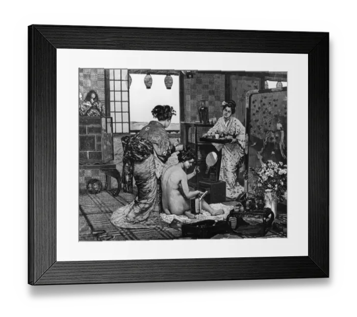 Framed Print : Geisha. circa 1900: A woman plays an instrument whilst having her hair Framed Print : Geisha. circa 1900: A woman plays an instrument whilst having her hair