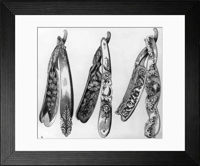 Framed Print : Razors. 1851: A close-up of three early razors made by Mr Fennay of Sheffield Framed Print : Razors. 1851: A close-up of three early razors made by Mr Fennay of Sheffield