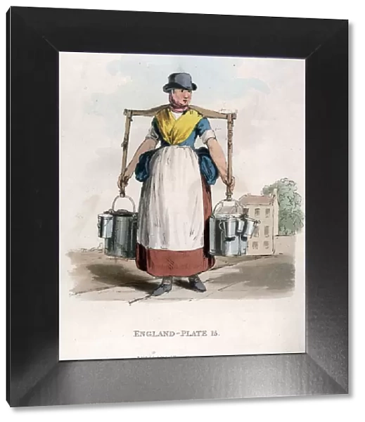 Milk Maid. circa 1813: A woman selling milk in the street from pails carried on a yoke