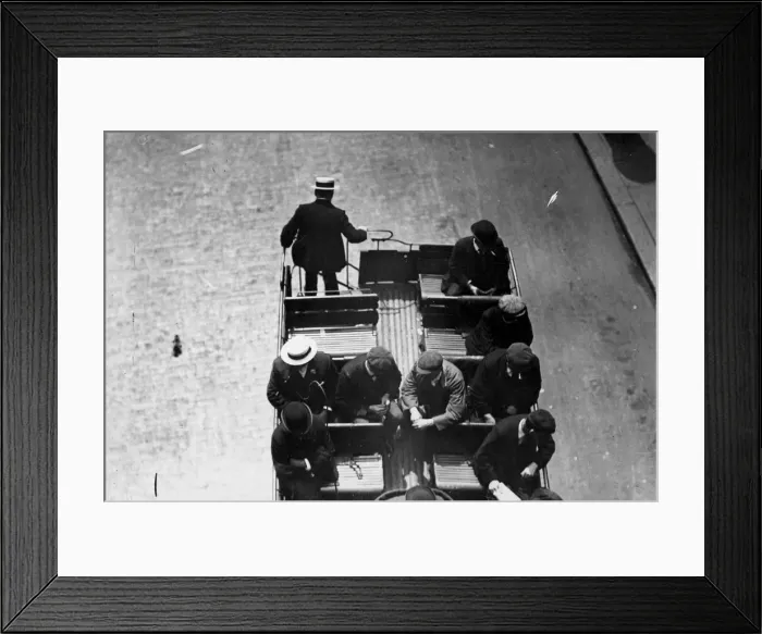 Framed Print : Top Deck. July 1907: Passengers on the top deck of an omnibus, one leaving by the stairs Framed Print : Top Deck. July 1907: Passengers on the top deck of an omnibus, one leaving by the stairs