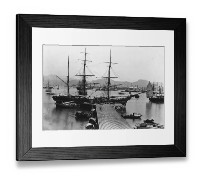 Framed Print : Hong Kong. circa 1860: A sailing ship docked at a jetty in Hong Kong harbour Framed Print : Hong Kong. circa 1860: A sailing ship docked at a jetty in Hong Kong harbour