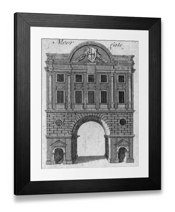 Framed Print : Moorgate. circa 1800: A view of the facade of Moorgate in london Framed Print : Moorgate. circa 1800: A view of the facade of Moorgate in london