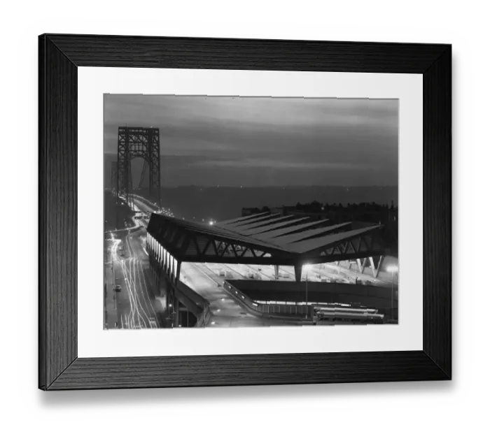 Framed Print : Night Bus. 3rd July 1963: A time lapse night photograph of George Washington Bridge Framed Print : Night Bus. 3rd July 1963: A time lapse night photograph of George Washington Bridge