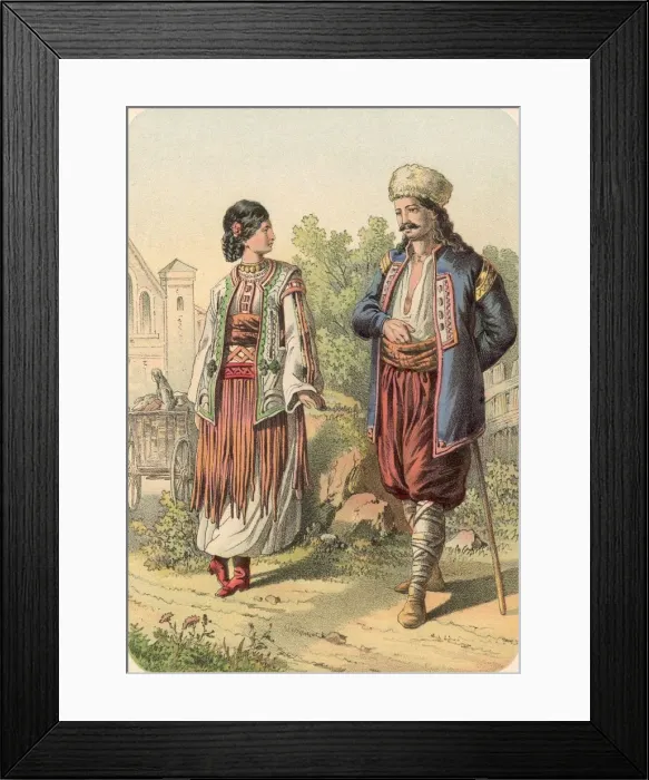 Framed Print : Romanians. 1878: A Romanian man and woman, both wearing broad sashes Framed Print : Romanians. 1878: A Romanian man and woman, both wearing broad sashes