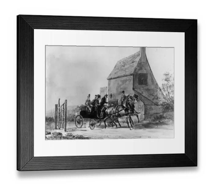 Framed Print : Tollgate. circa 1830: A carriage paying at a toll gate Framed Print : Tollgate. circa 1830: A carriage paying at a toll gate