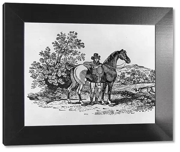 Horseman. circa 1790: Wood engraving by Thomas Bewick 