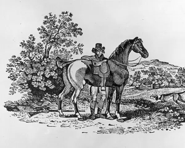 Horseman. circa 1790: Wood engraving by Thomas Bewick 
