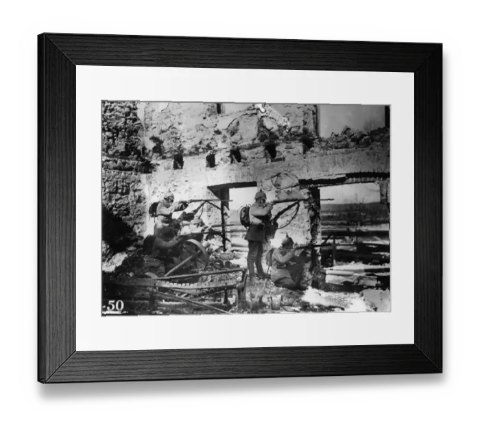 Framed Print : Snipers. circa 1916: German soldiers sniping from a ruined house during World War I Framed Print : Snipers. circa 1916: German soldiers sniping from a ruined house during World War I